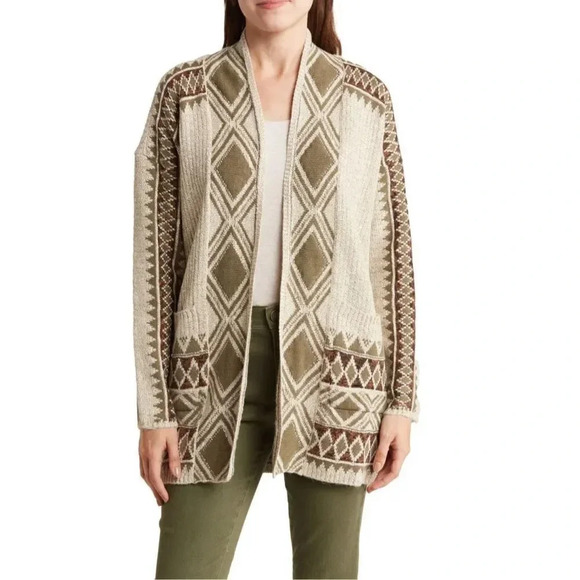Lucky Brand Sweaters - Lucky Brand Western Nordic Open Cardigan Sz M Boho Pockets Cream Green Jacquard